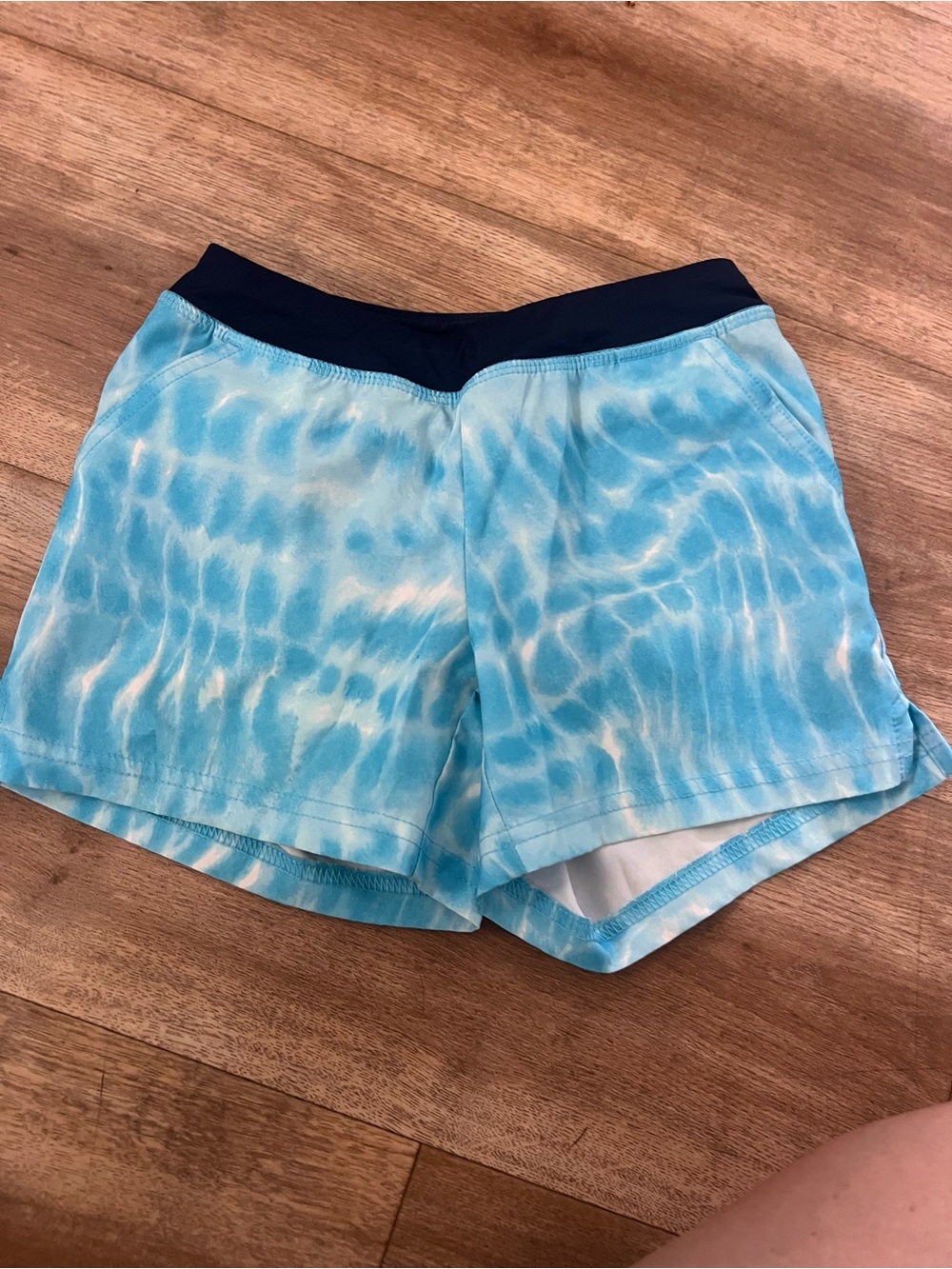 Women’s Light Blue Tie-Dye Active Shorts with Navy Waistband